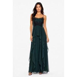 BCBGMAXAZRIA Runway Zahara Deep Green Lace Tiered Maxi Dress Silk XXS